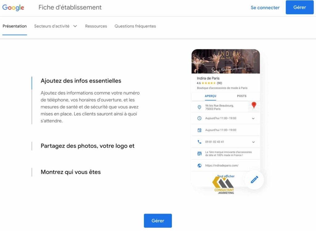 Exemple d'une page de configuration d'une Fiche d'établissement Google montrant les champs d'informations clés et un exemple de profil d'établissement pour une boutique parisienne.