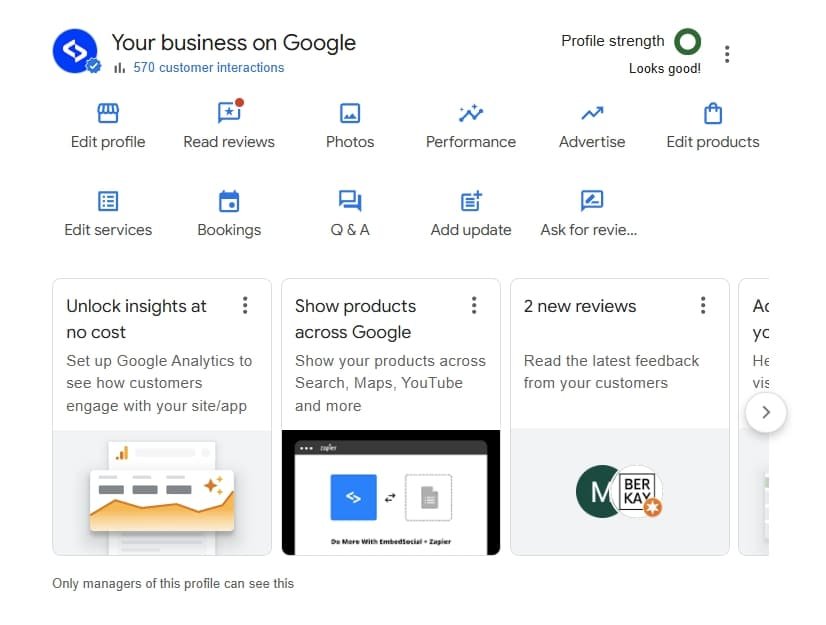 Tableau de bord d'une Fiche d'établissement Google présentant les outils pour gérer et optimiser la présence d'une entreprise sur Google, notamment les interactions, les avis et la présentation des produits.