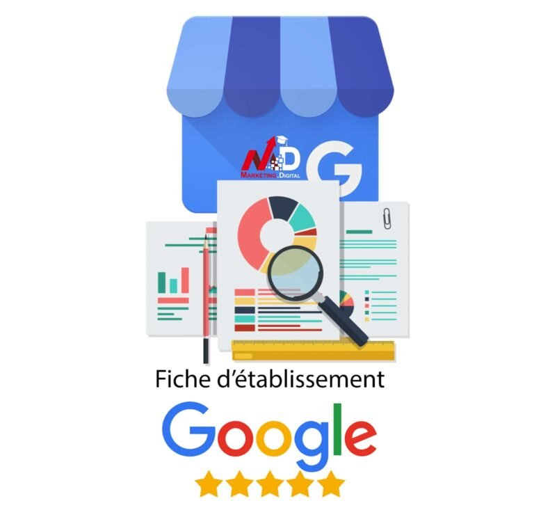 Illustration d'une Fiche d'établissement Google (Google Business Profile) avec des documents d'entreprise et d'excellentes notes, soulignant son importance pour les entreprises.