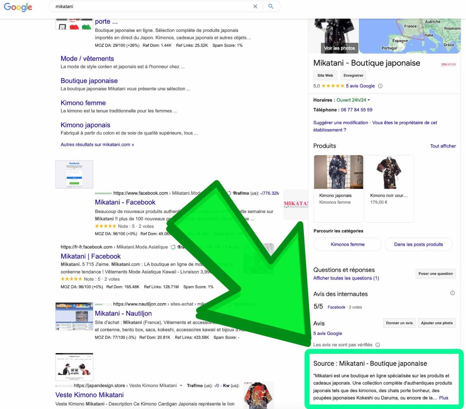Exemple d'une Fiche d'établissement Google pour une boutique française, montrant les avis, les coordonnées, les produits et la description de l'entreprise.