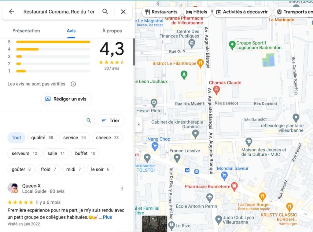 Fiche d'établissement Google présentant les avis clients, les notes et l'emplacement d'un restaurant sur Google Maps afin d'attirer et d'informer les clients.