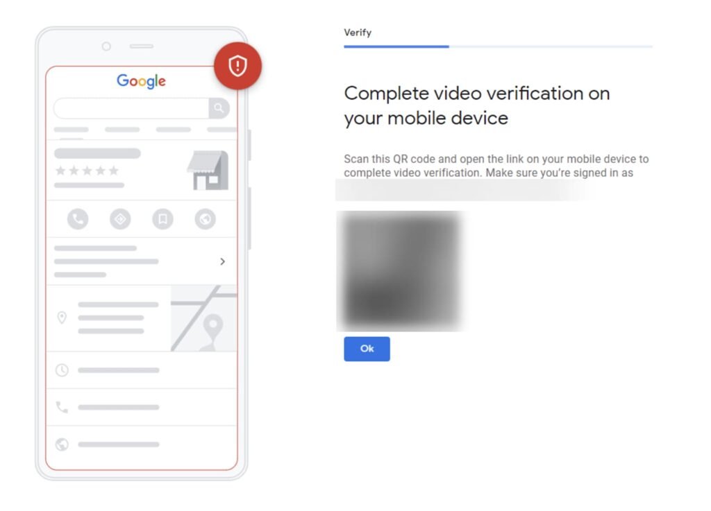 Écran affichant l'étape de vérification par vidéo pour un profil d'entreprise Google (Google Business Profile), qui requiert la numérisation d'un code QR via un appareil mobile afin de confirmer l'identité.